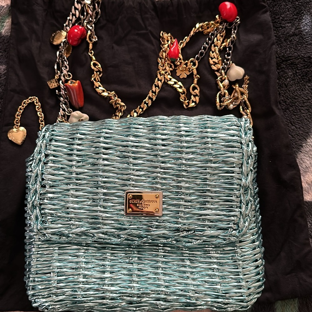 NEW! Dolce & Gabbana Metallic Blue Coated Raffia Embellished Chain Shoulder Bag